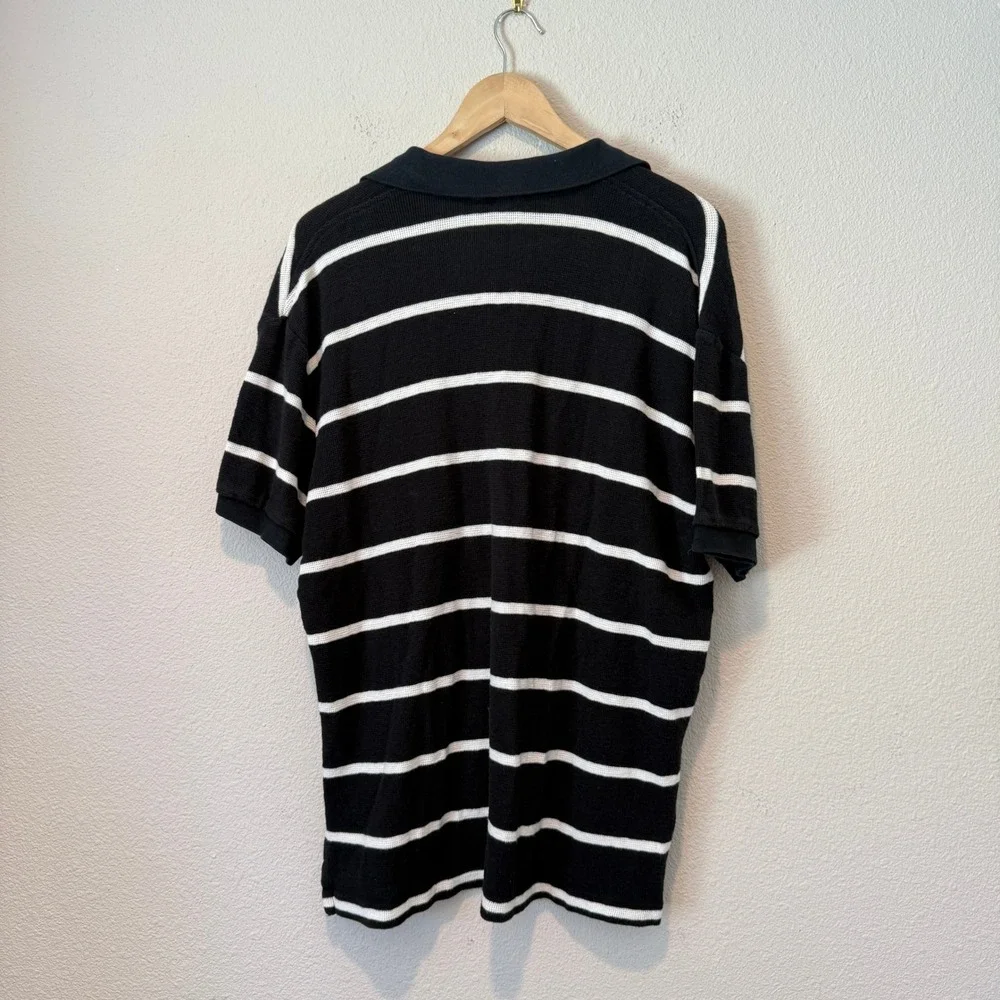 Polo Ralph Lauren Mens Large Black White Striped Waffle Knit Polo Shirt Cotton
